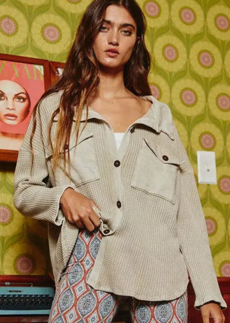 Bucketlist Cotton Waffle Knit Oversized Shirt (M)