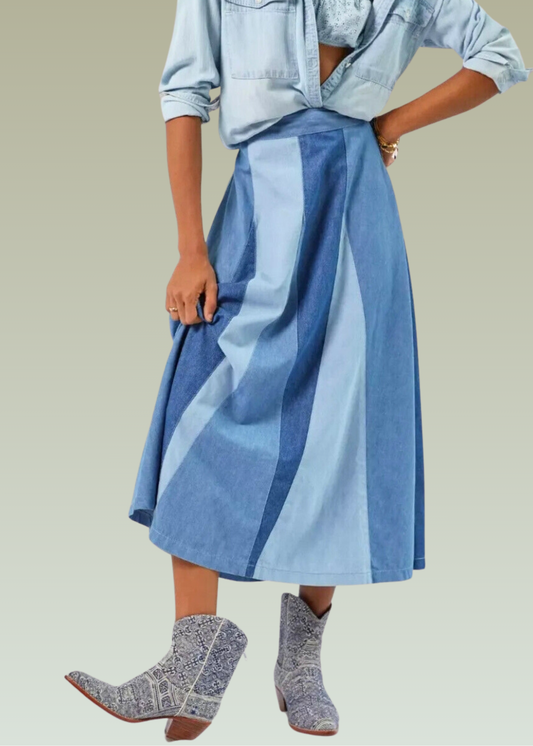 Love The Label Cotton Colorblocked Denim Midi Skirt (M)*